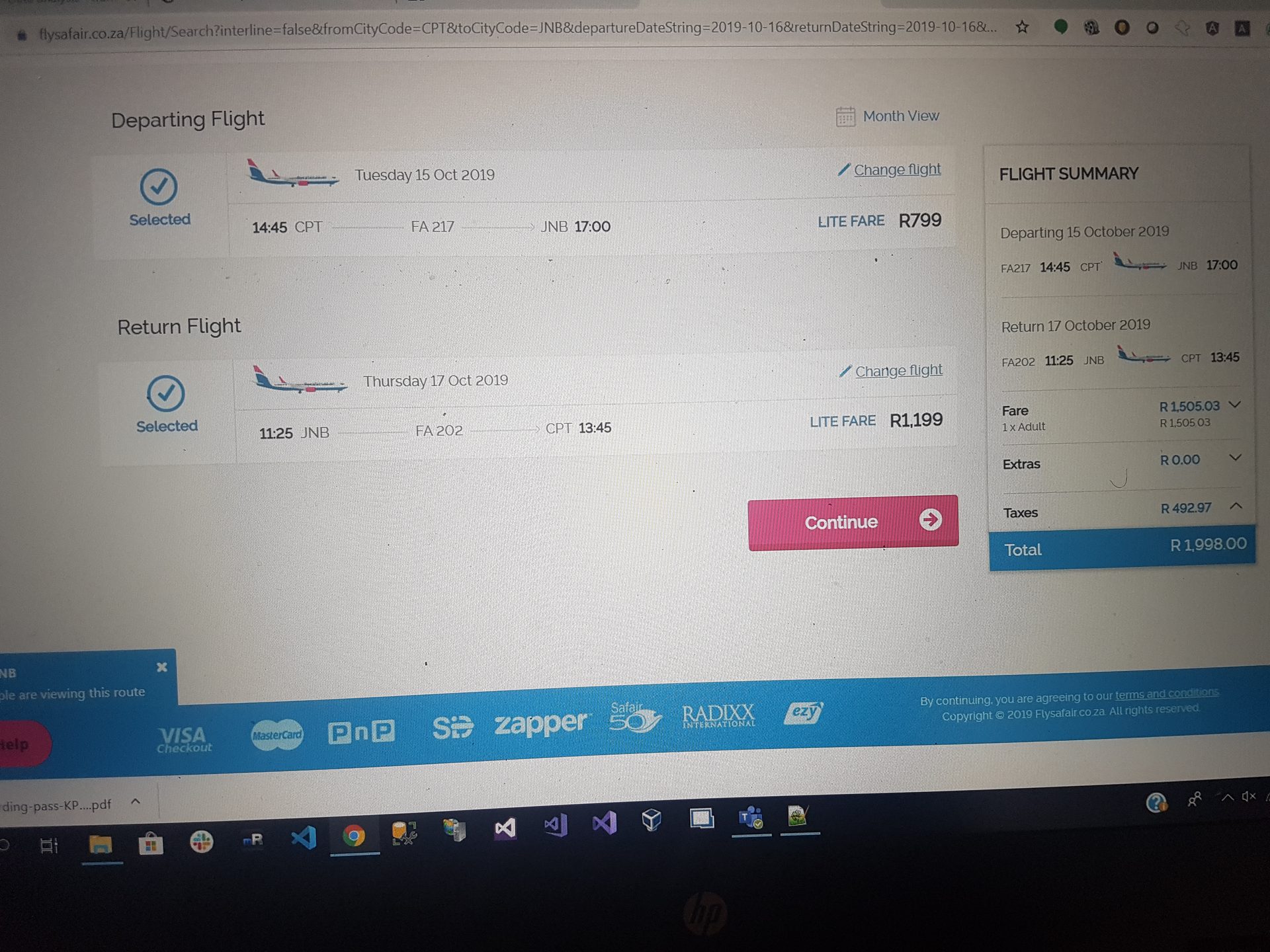 Flights booked — Cape Town to Joburg, departure imminent