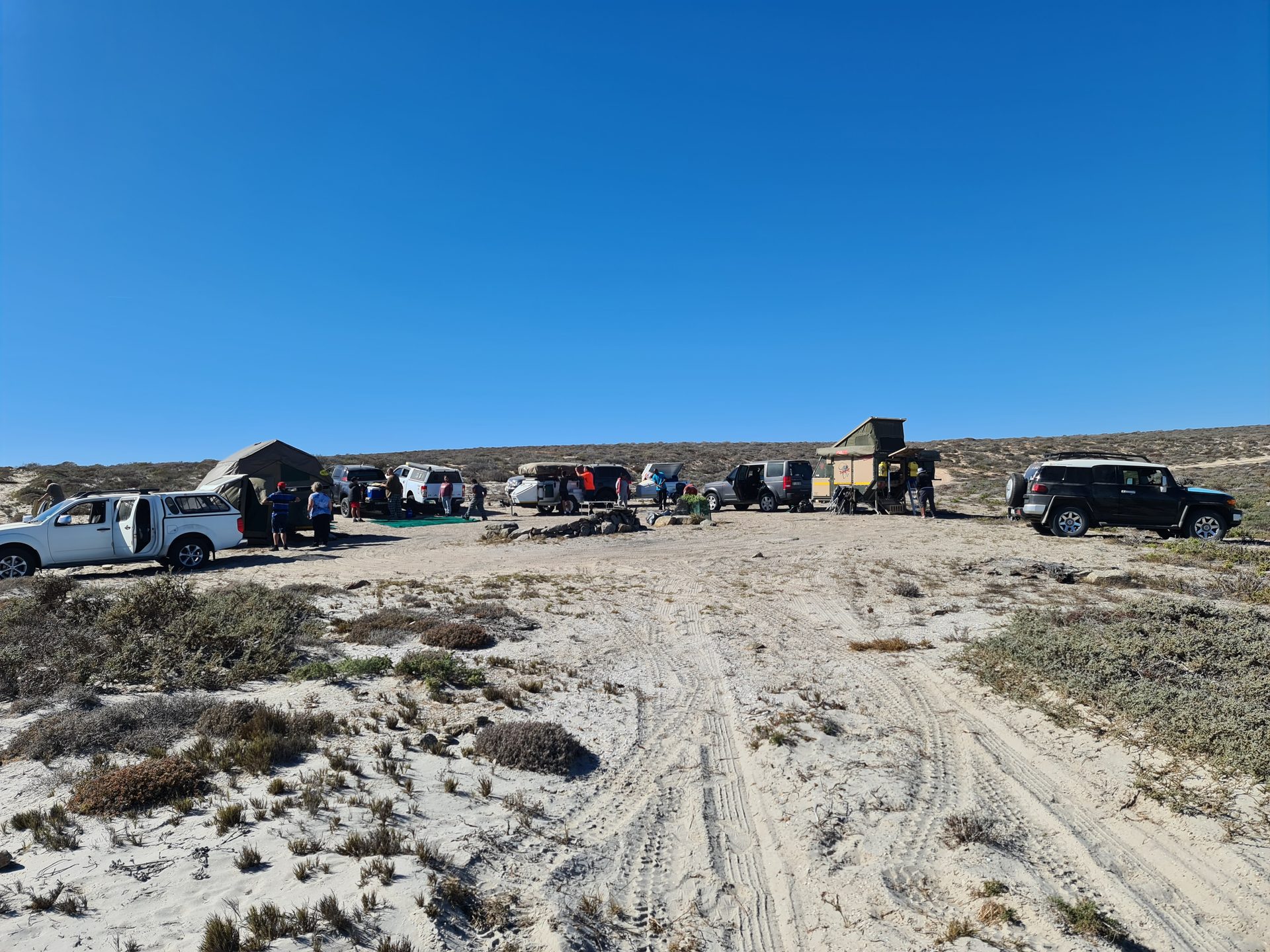 The group setting up camp near the coast