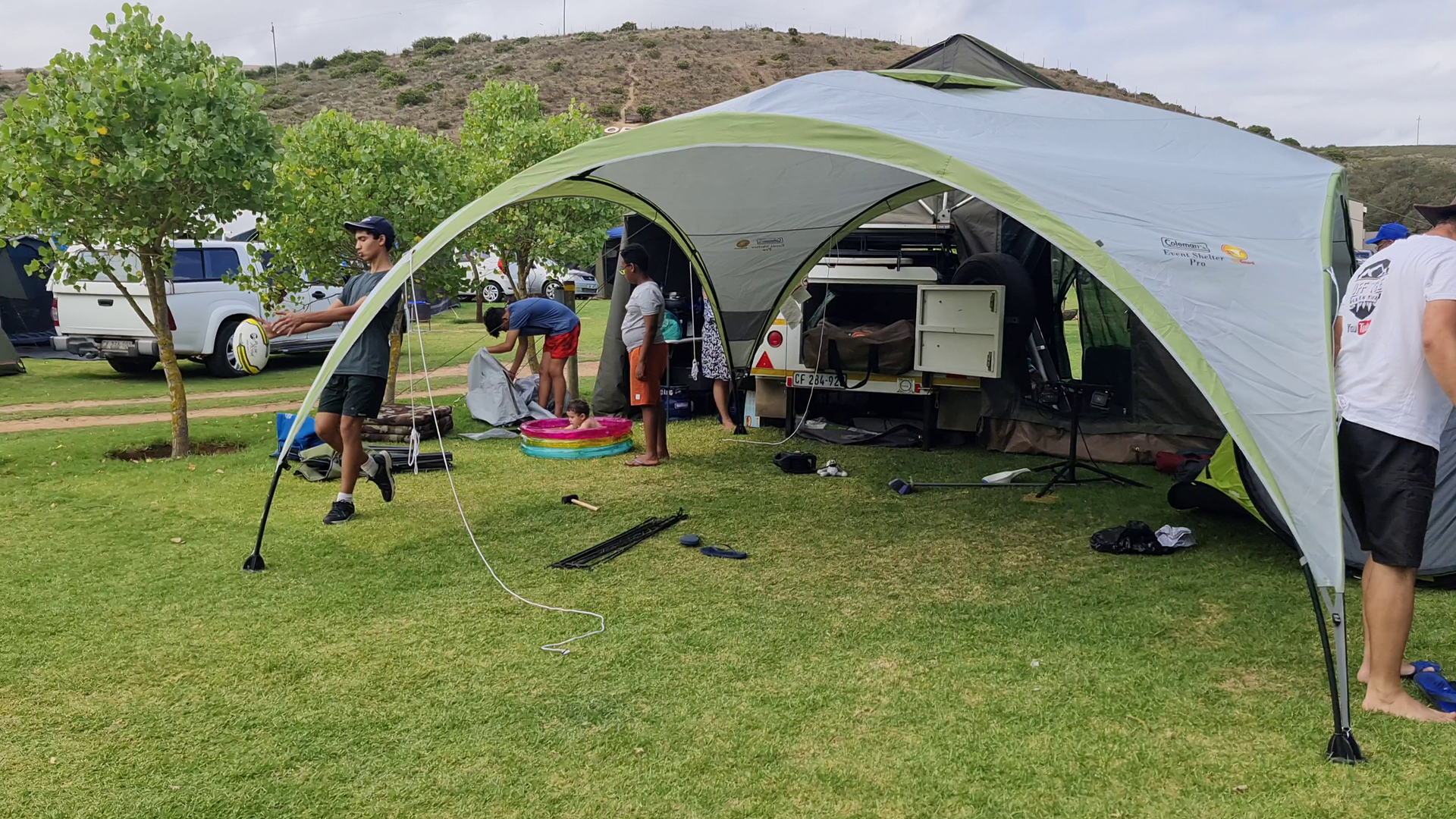 Sarabi’s awning and sidewalls going up on arrival