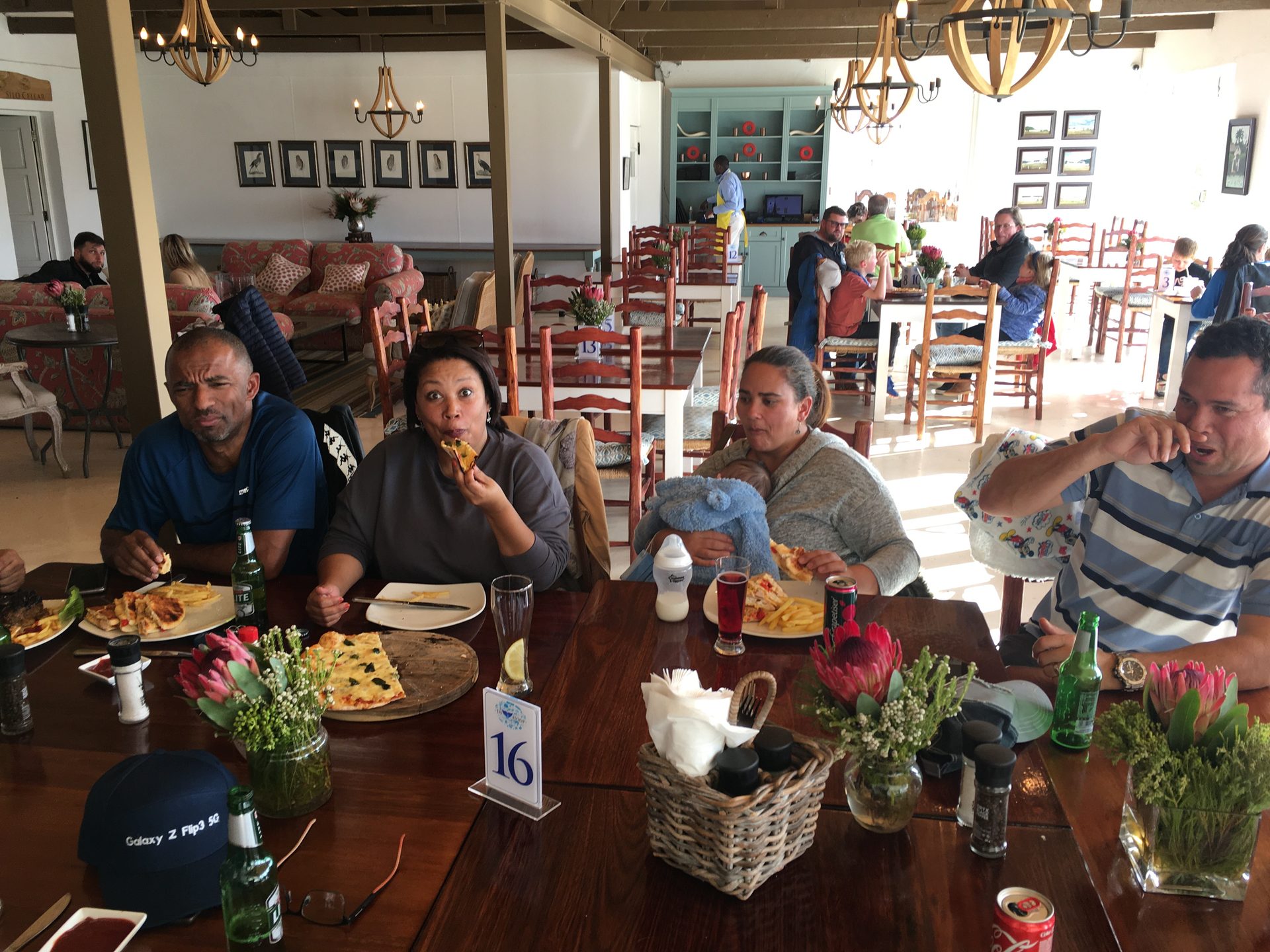 Late Sunday lunch at De Hoop, with the fireplaces keeping everyone warm
