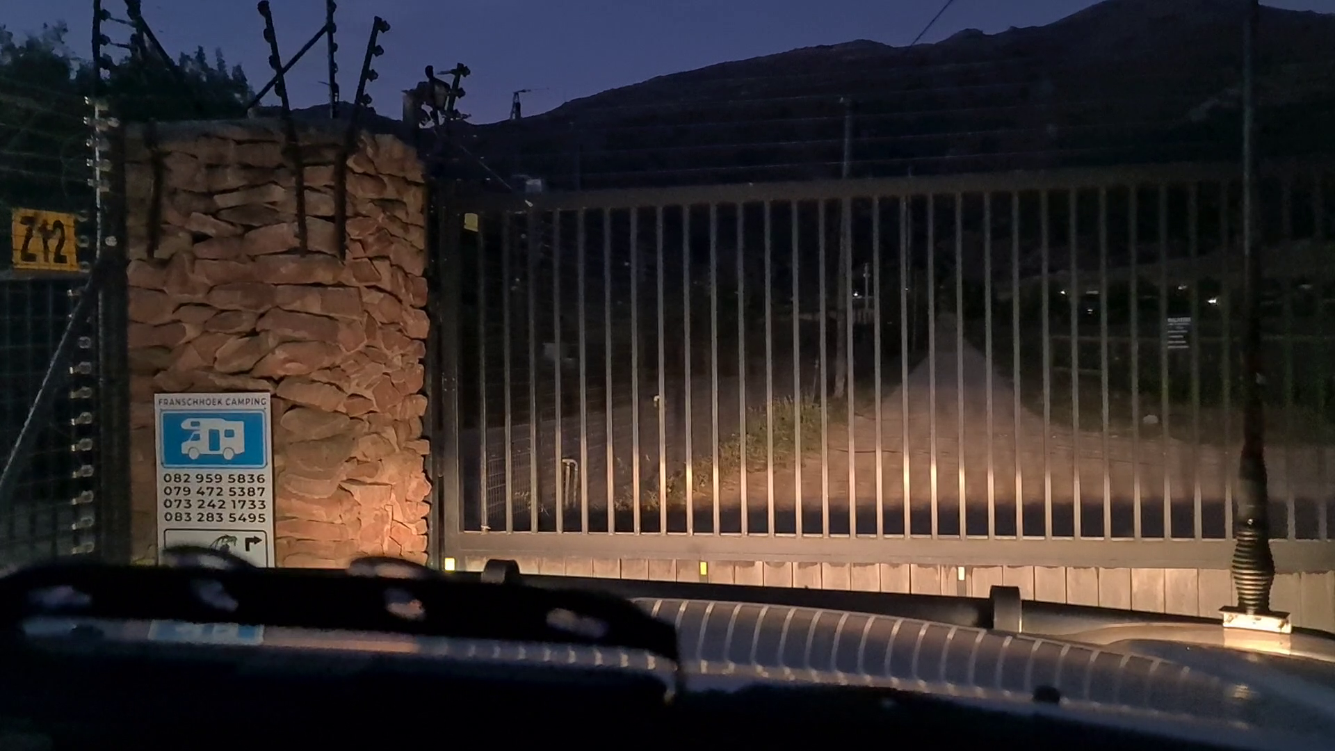 Arriving at the Franschhoek Camping gate after dark