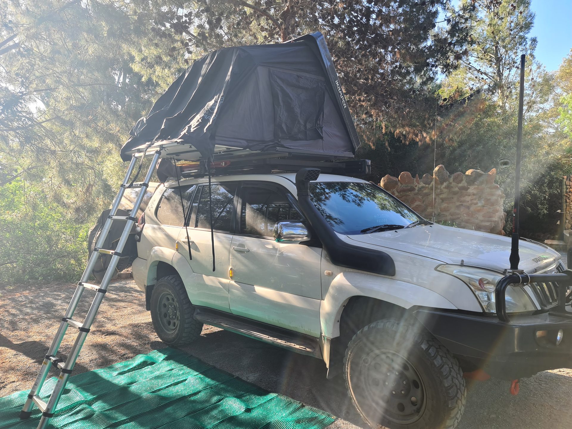 Our Prado and rooftop tent set up beneath the trees at Fynbos Guest Farm