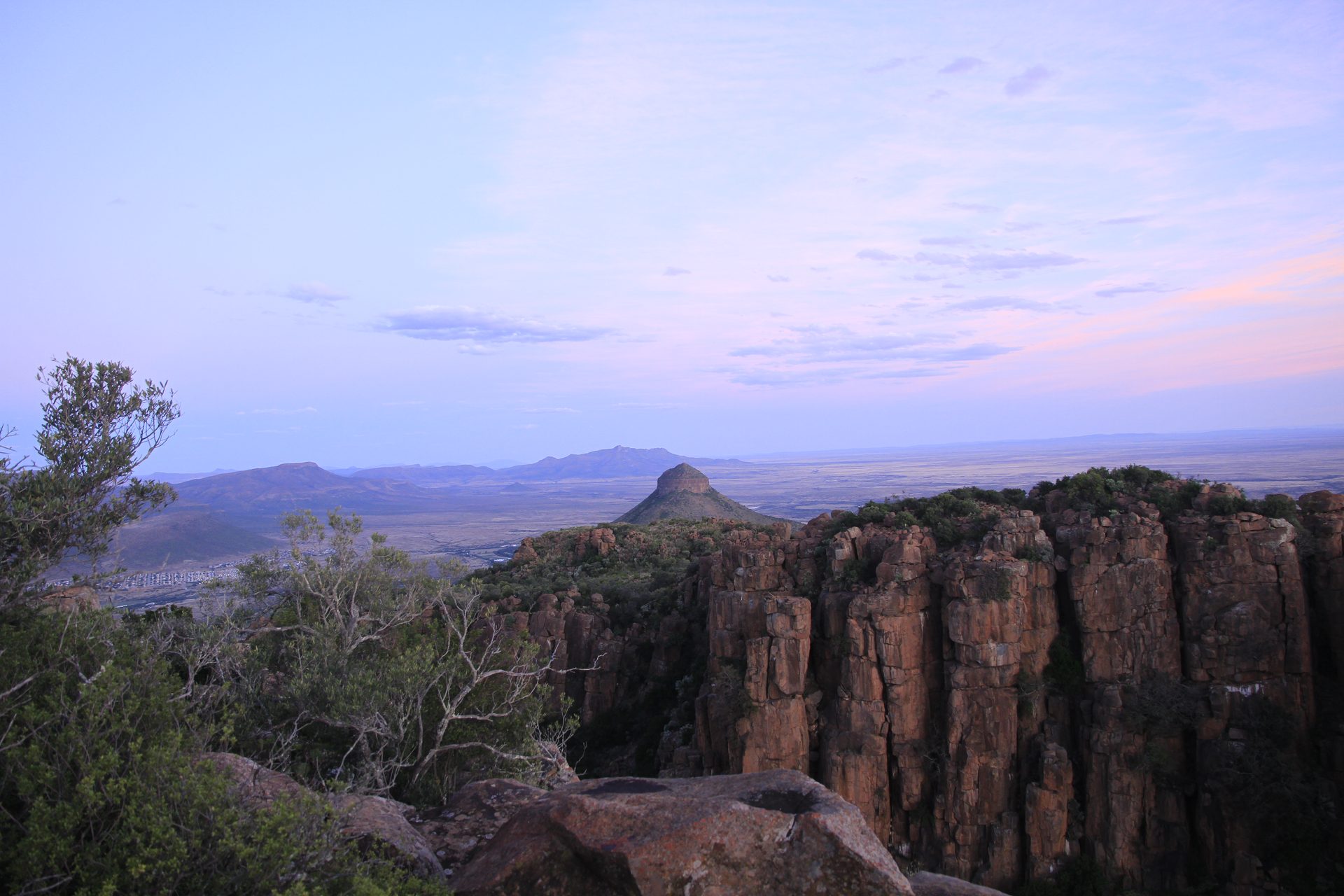 Looking down the layered dolerite cliffs towards the Karoo plains